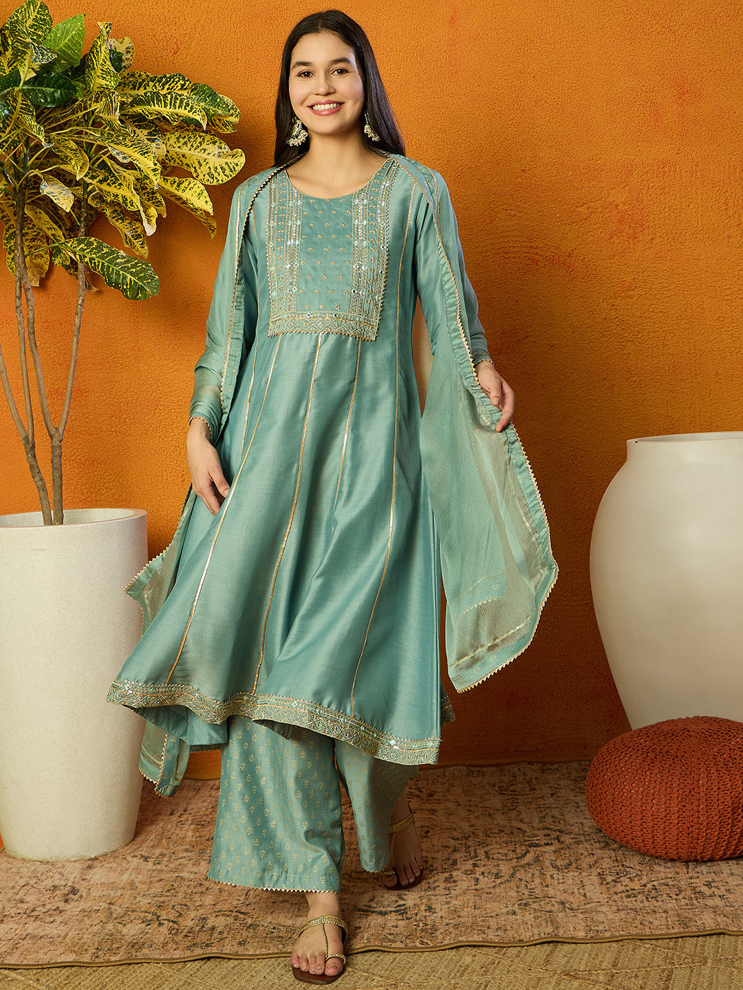 Women's Sea Green Silk Blend Embroidered Anarkali Kurta Palazzo Set Wi Trendia Women's Sea Green Silk Blend Embroidered Anarkali Kurta Palazzo Set Wi Trendia