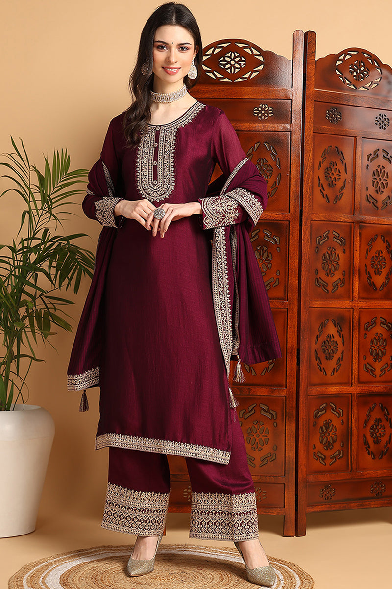 Women's Wine Silk Blend Embroidered Straight Kurta Palazzo Set With Dupatta - Ahika