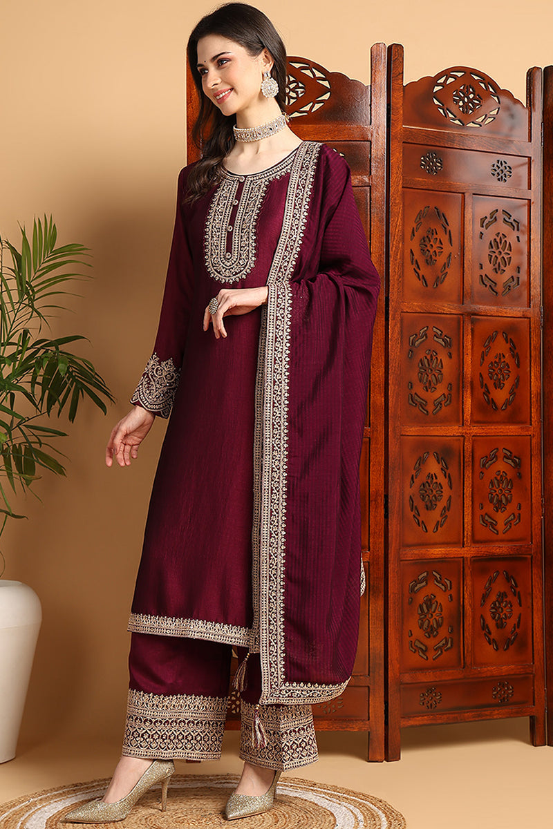 Women's Wine Silk Blend Embroidered Straight Kurta Palazzo Set With Dupatta - Ahika