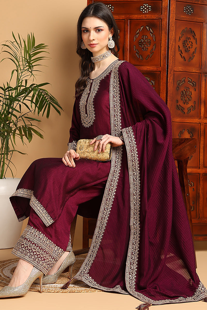 Women's Wine Silk Blend Embroidered Straight Kurta Palazzo Set With Dupatta - Ahika