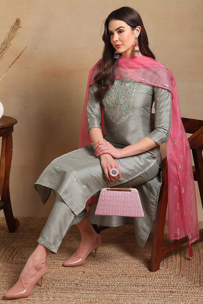 Women's Grey Silk Blend Embroidered Straight Kurta Pant Set With Dupatta