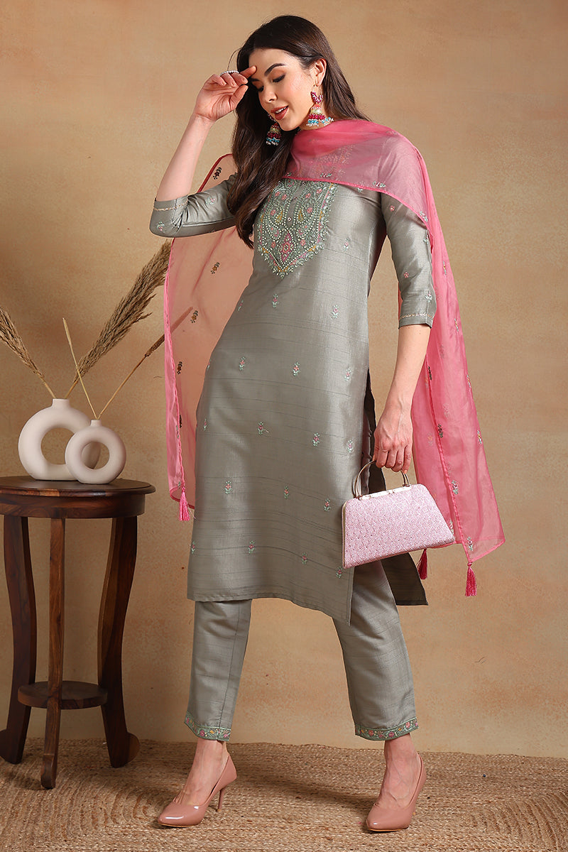 Women's Grey Silk Blend Embroidered Straight Kurta Pant Set With Dupatta - Ahika