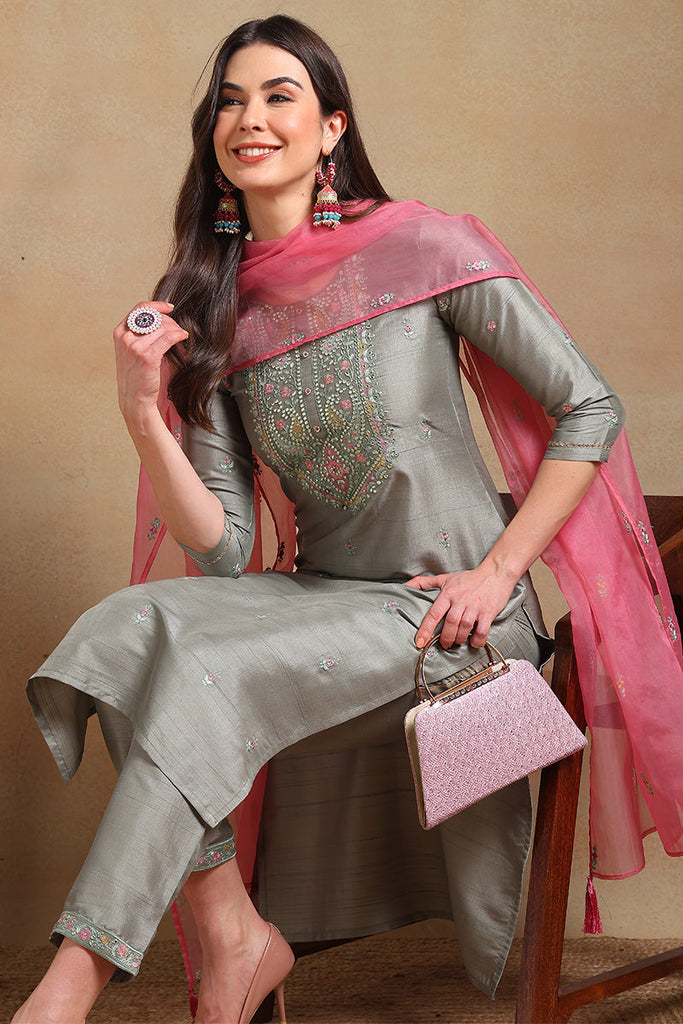 Women's Grey Silk Blend Embroidered Straight Kurta Pant Set With Dupatta