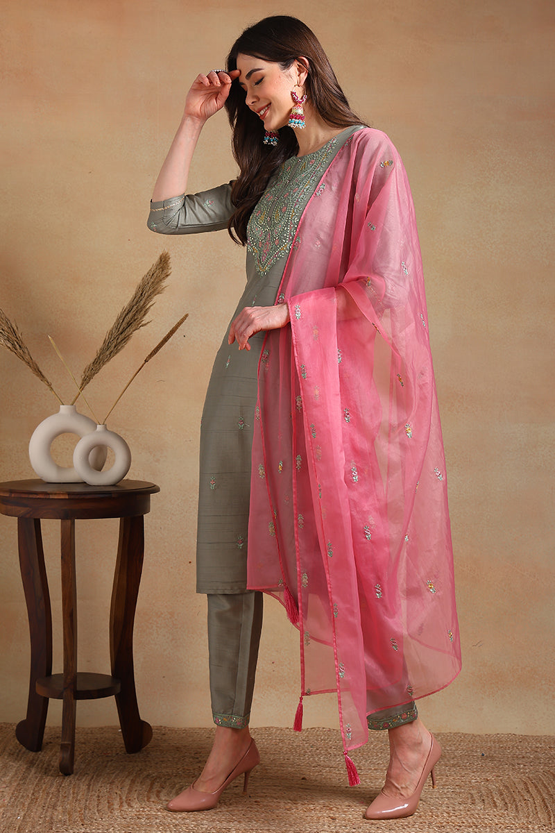 Women's Grey Silk Blend Embroidered Straight Kurta Pant Set With Dupatta - Ahika