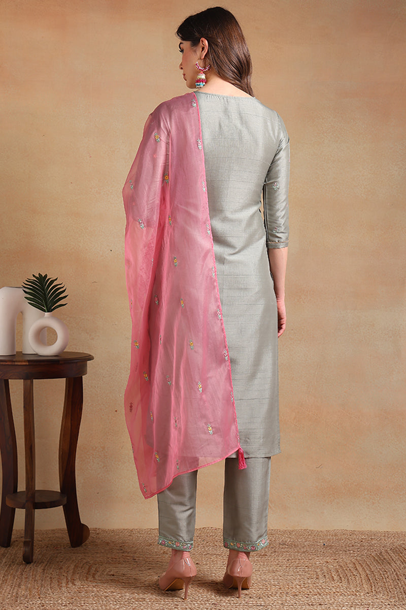 Women's Grey Silk Blend Embroidered Straight Kurta Pant Set With Dupatta - Ahika