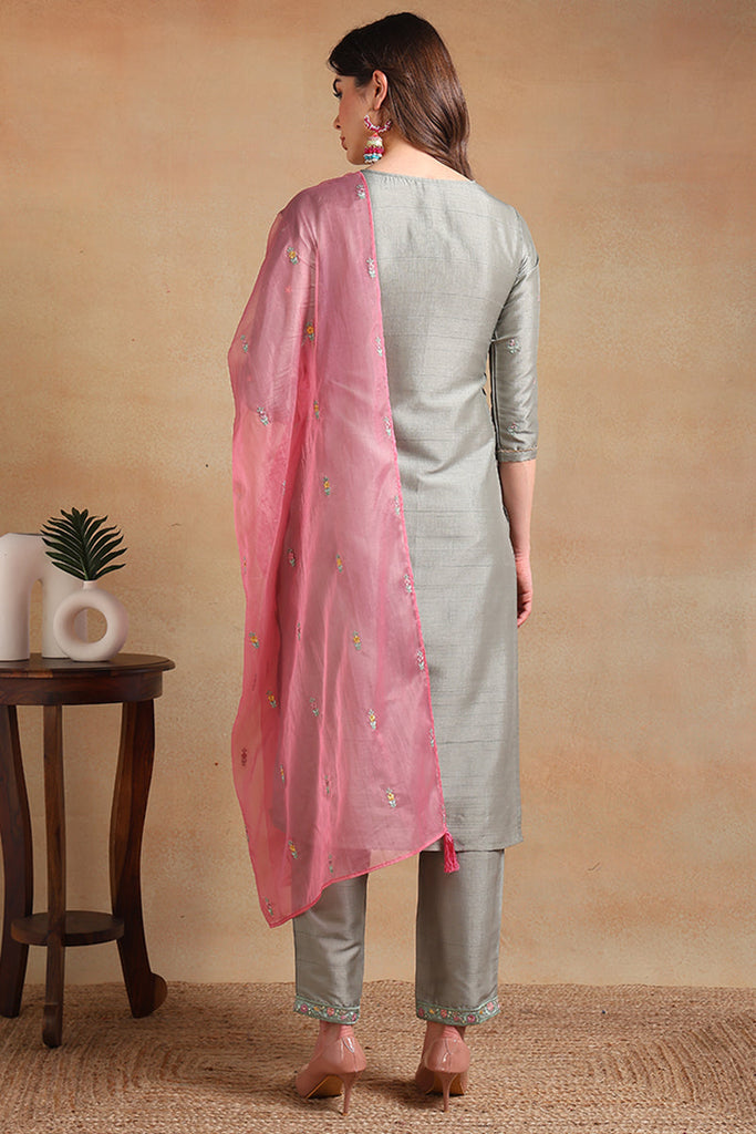 Women's Grey Silk Blend Embroidered Straight Kurta Pant Set With Dupatta