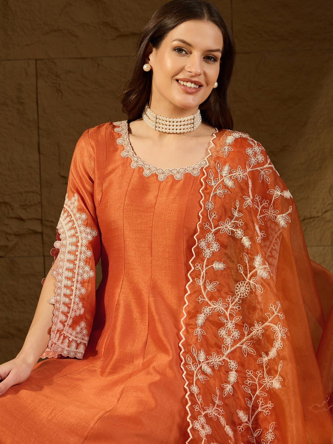 Women's Orange Silk Blend Embroidered Anarkali Kurta Pant Set With Dupatta - Ahika