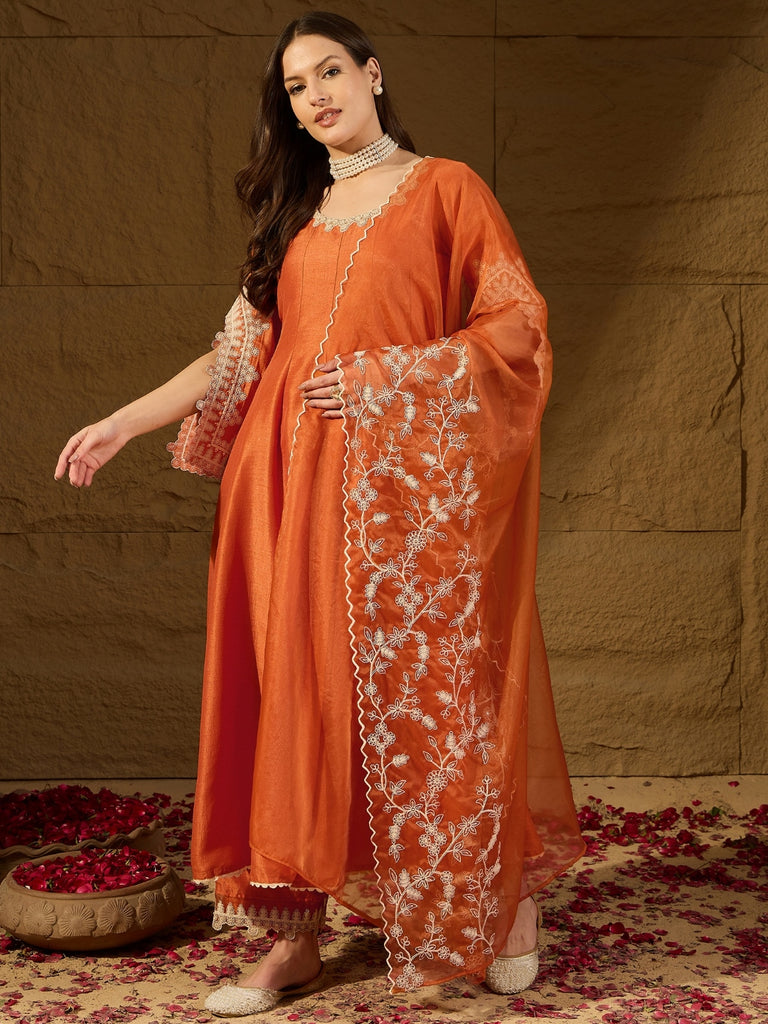 Women's Orange Silk Blend Embroidered Anarkali Kurta Pant Set With Dupatta