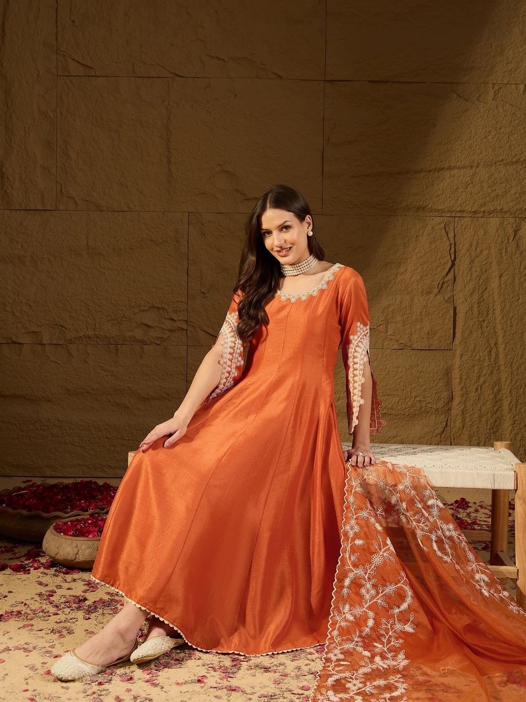 Women's Orange Silk Blend Embroidered Anarkali Kurta Pant Set With Dupatta - Ahika