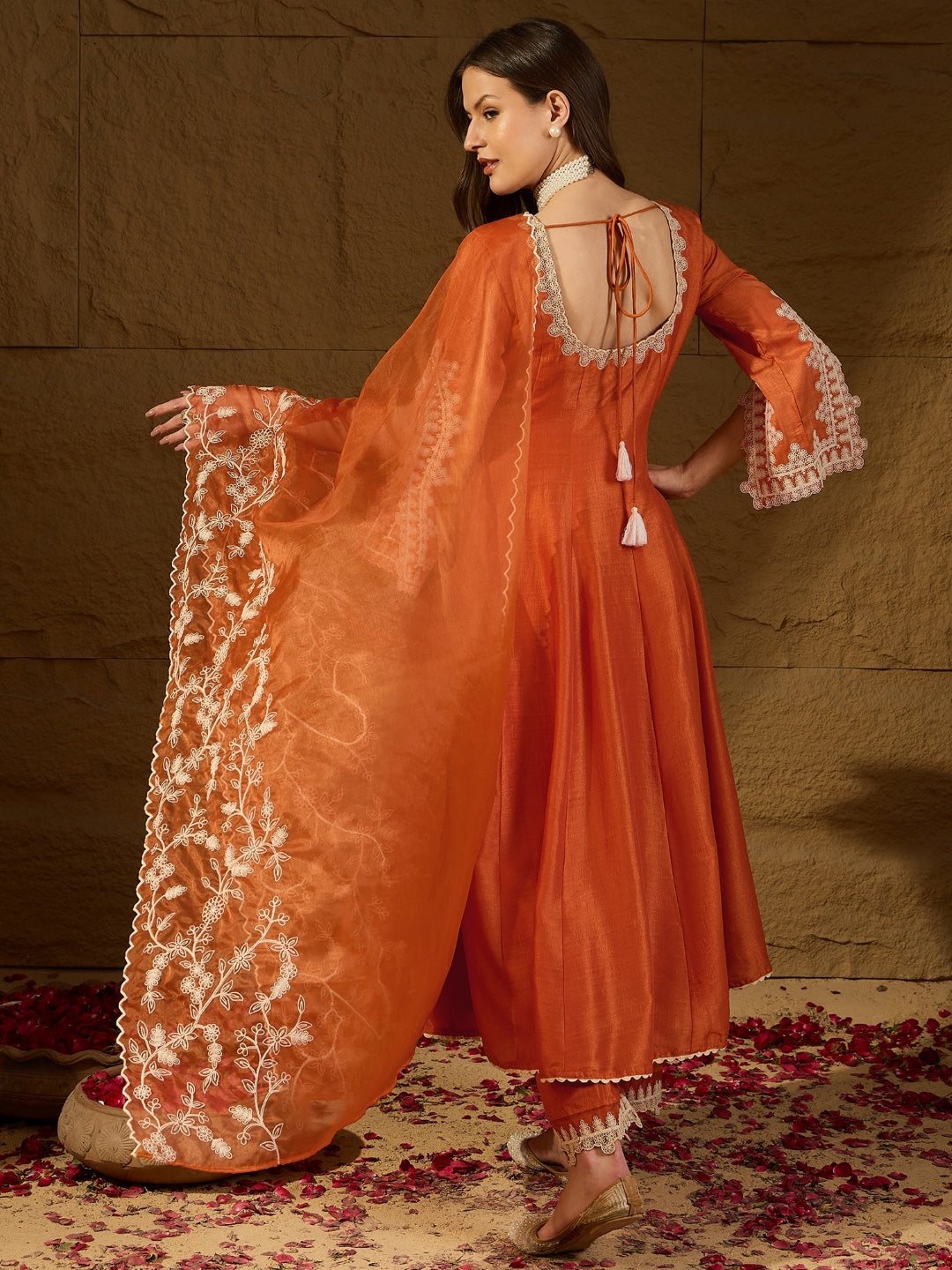 Women's Orange Silk Blend Embroidered Anarkali Kurta Pant Set With Dupatta - Ahika