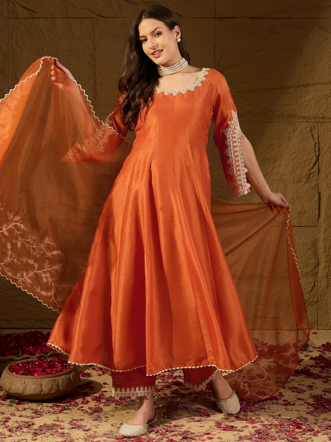 Women's Orange Silk Blend Embroidered Anarkali Kurta Pant Set With Dupatta - Ahika