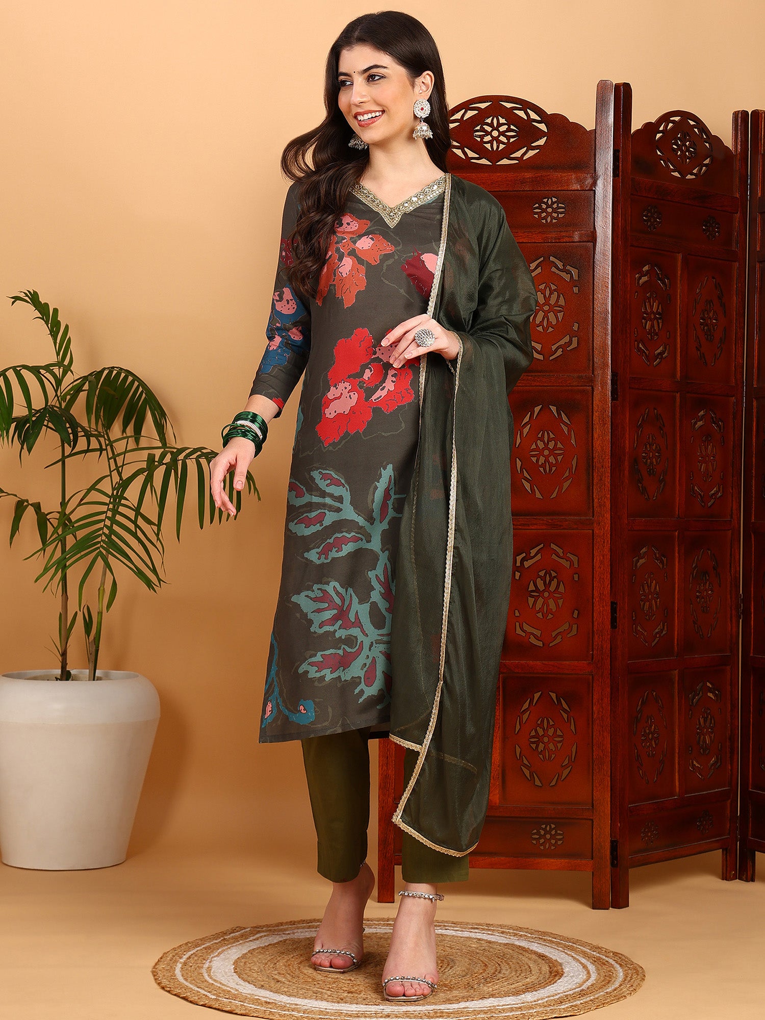 Women's Olive Cotton Blend Printed Straight Kurta Pant Set With Dupatta - Ahika