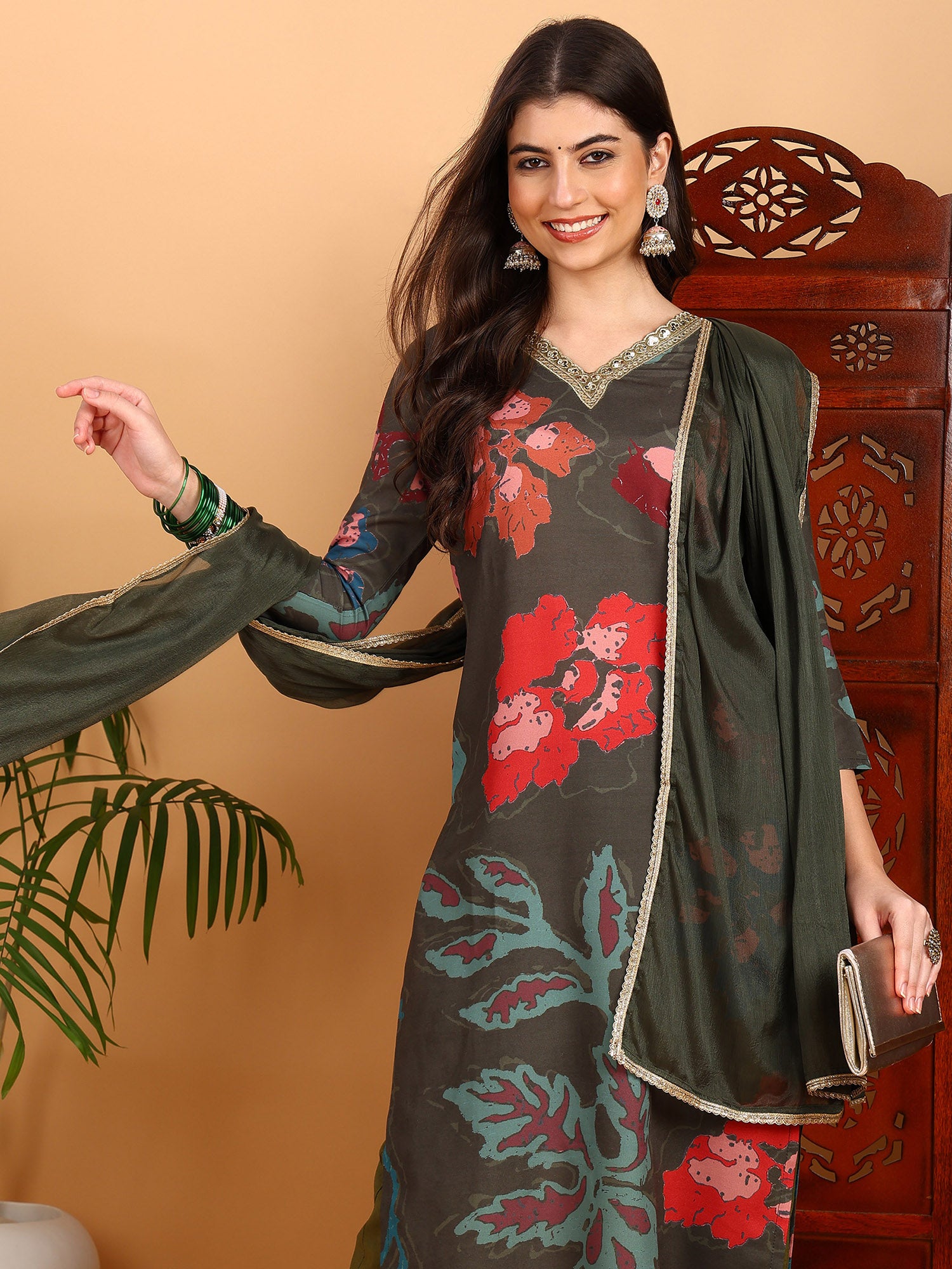 Women's Olive Cotton Blend Printed Straight Kurta Pant Set With Dupatta - Ahika