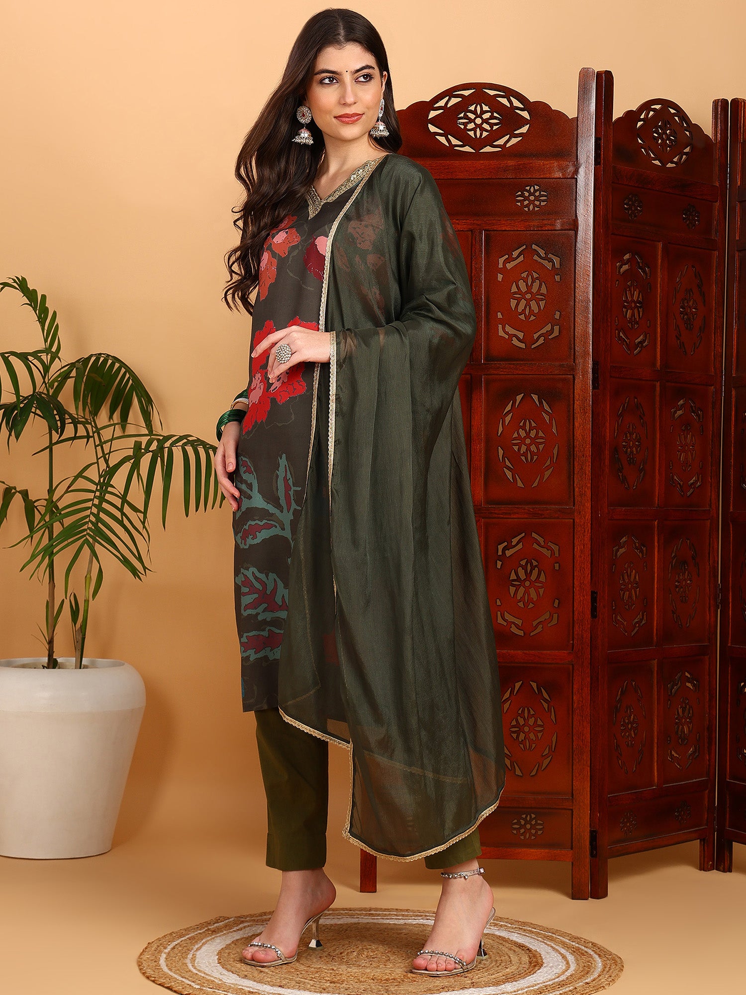 Women's Olive Cotton Blend Printed Straight Kurta Pant Set With Dupatta - Ahika