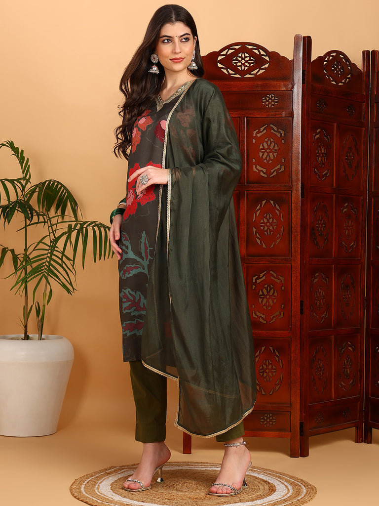 Women's Olive Cotton Blend Printed Straight Kurta Pant Set With Dupatta
