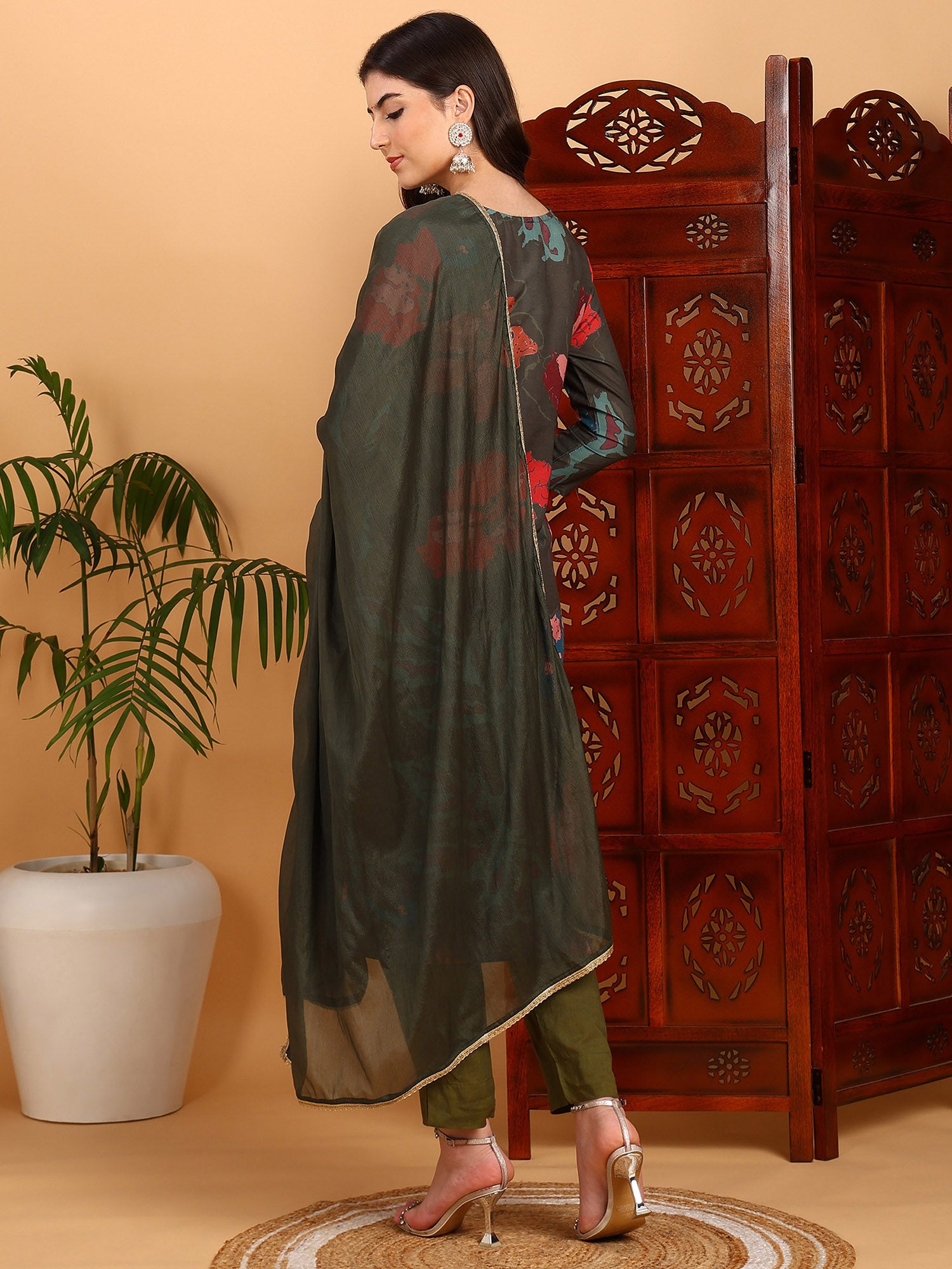 Women's Olive Cotton Blend Printed Straight Kurta Pant Set With Dupatta - Ahika