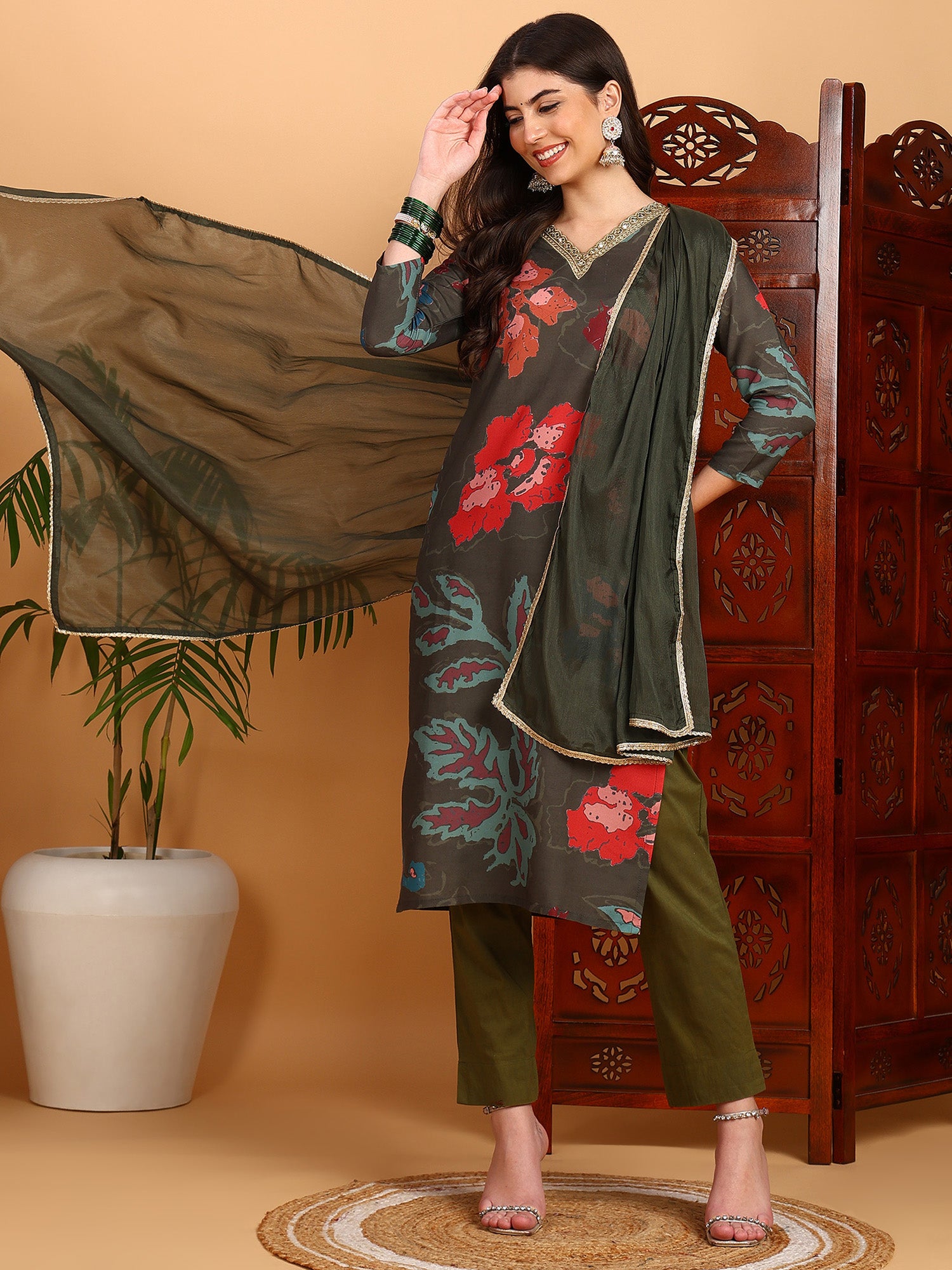 Women's Olive Cotton Blend Printed Straight Kurta Pant Set With Dupatta - Ahika