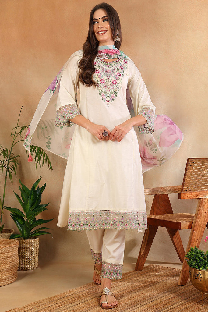 Women's Off White Silk Blend Solid Embroidered Straight Kurta Trouser With Dupatta