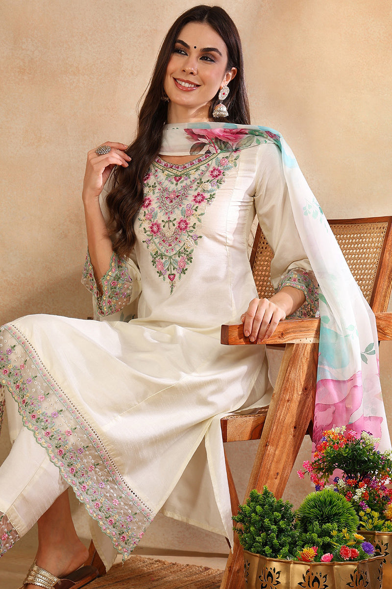 Women's Off White Silk Blend Solid Embroidered Straight Kurta Trouser With Dupatta - Ahika