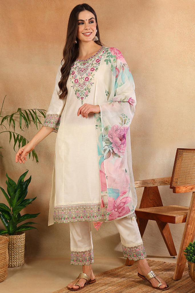 Women's Off White Silk Blend Solid Embroidered Straight Kurta Trouser With Dupatta