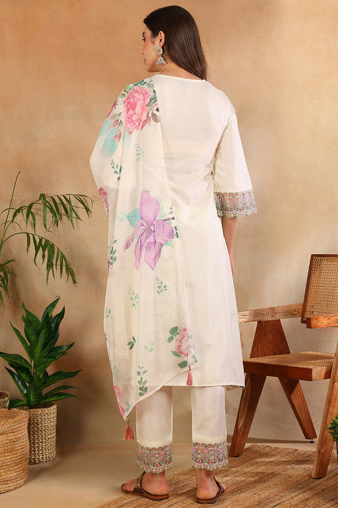 Women's Off White Silk Blend Solid Embroidered Straight Kurta Trouser With Dupatta