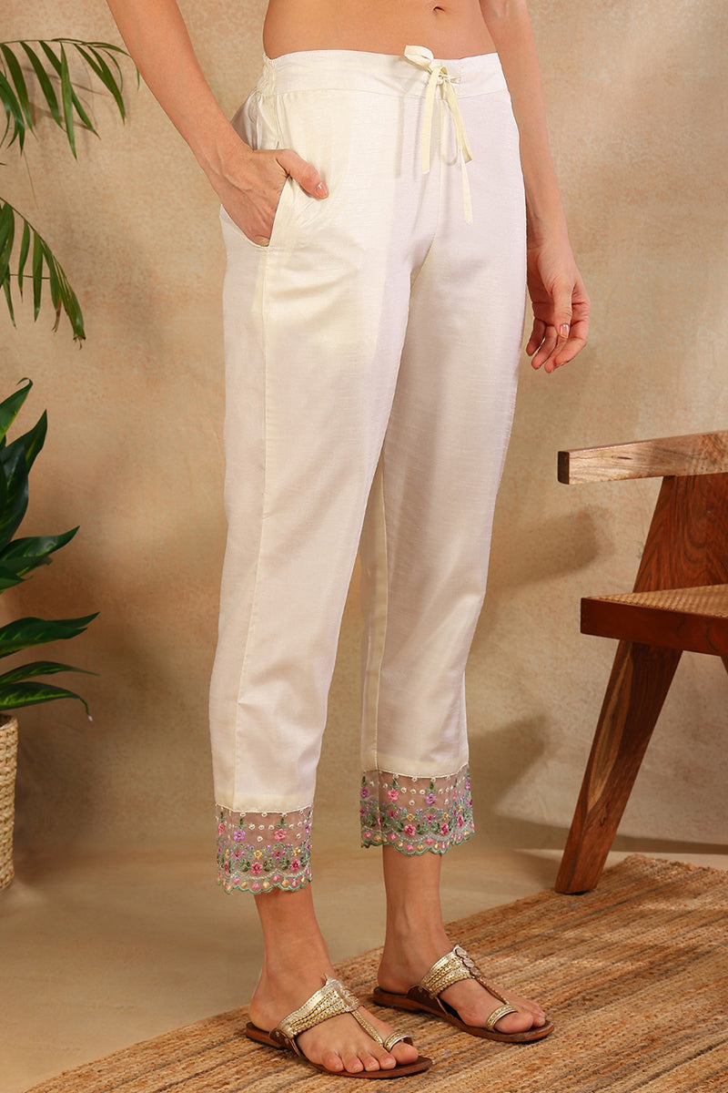 Women's Off White Silk Blend Solid Embroidered Straight Kurta Trouser With Dupatta - Ahika