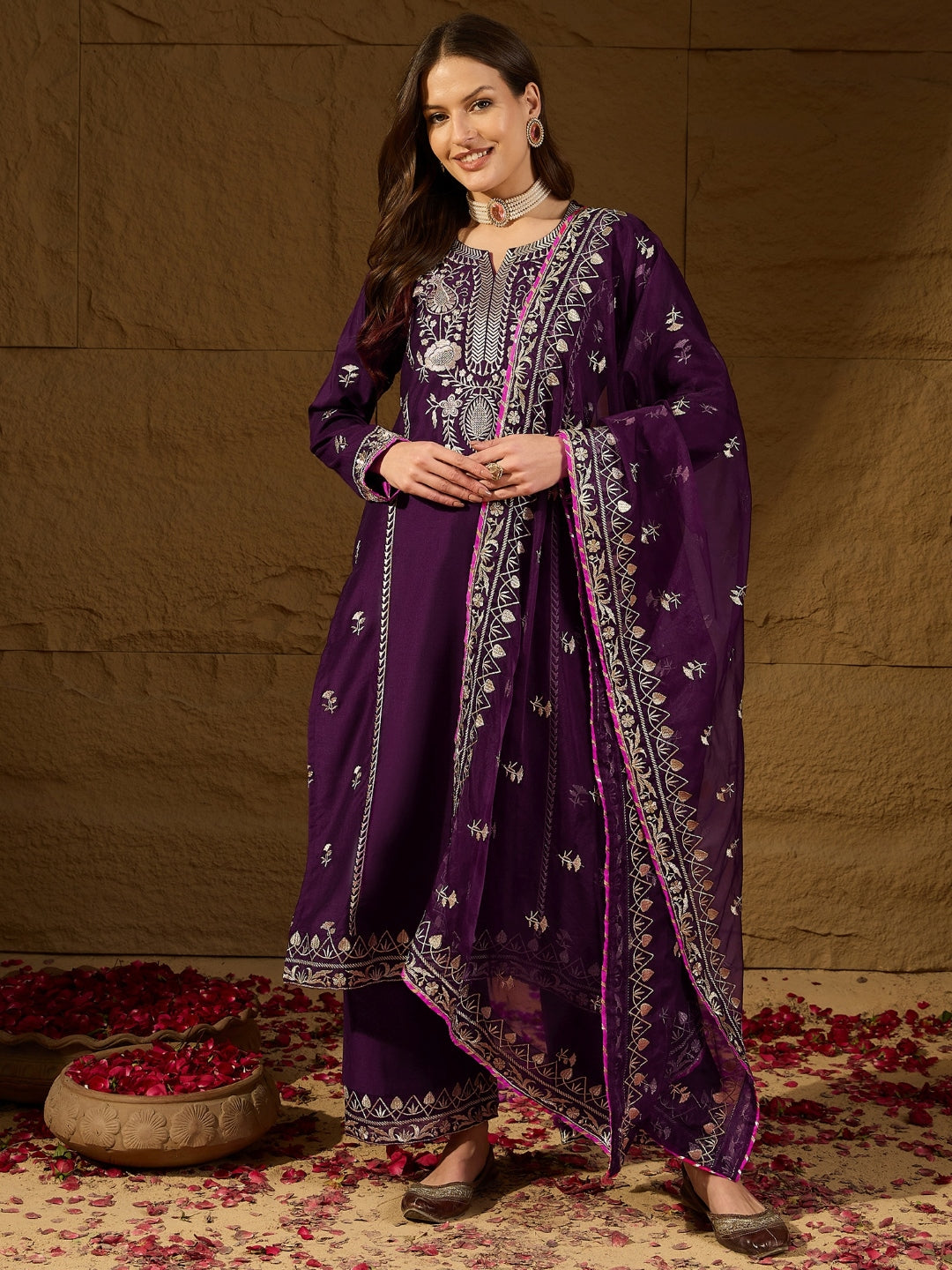 Women's Purple Silk Blend Yoke Design Zari Straight Kurta Palazzo With Dupatta - Ahika