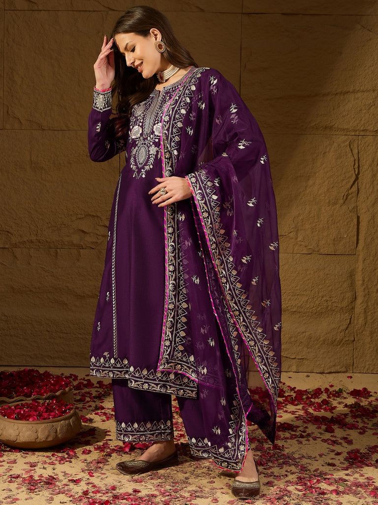 Women's Purple Silk Blend Yoke Design Zari Straight Kurta Palazzo With Dupatta