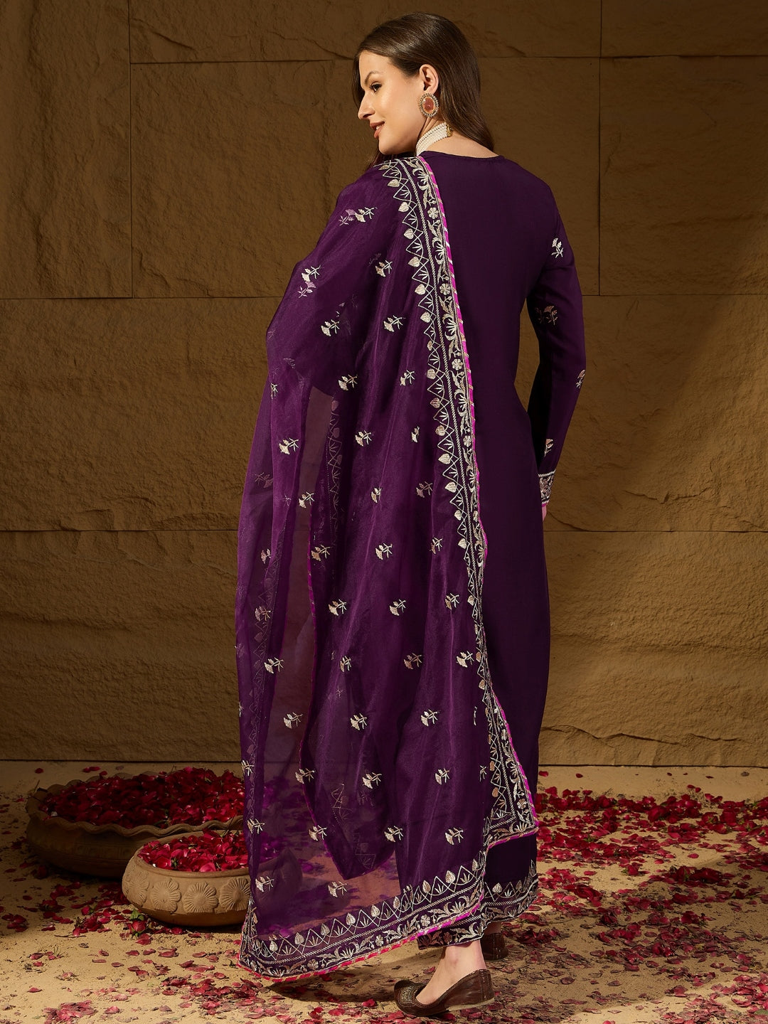 Women's Purple Silk Blend Yoke Design Zari Straight Kurta Palazzo With Dupatta - Ahika