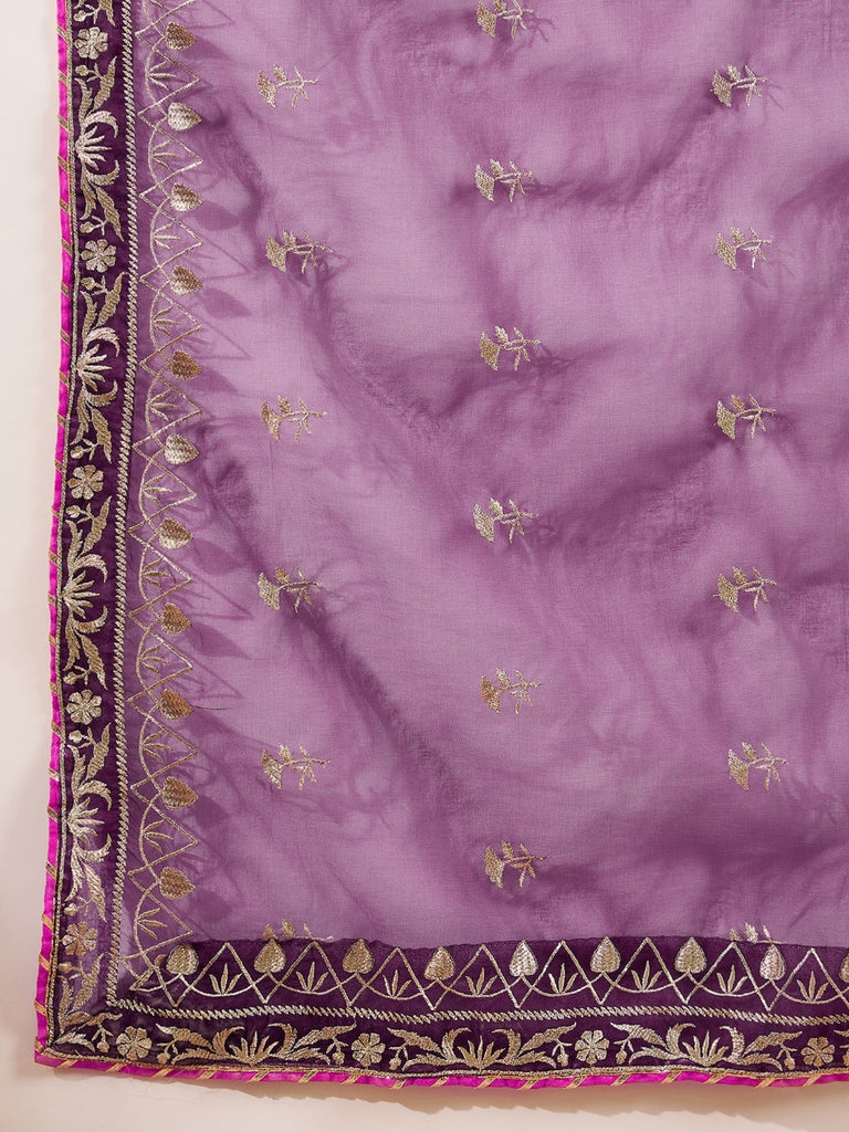 Women's Purple Silk Blend Yoke Design Zari Straight Kurta Palazzo With Dupatta