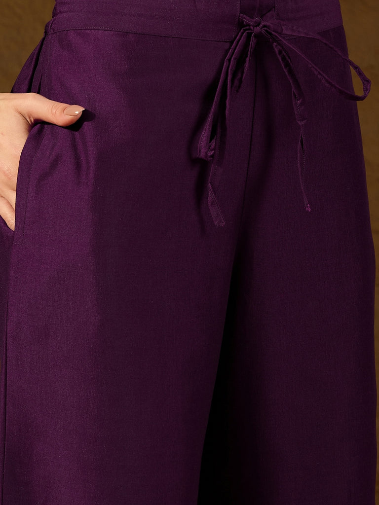 Women's Purple Silk Blend Yoke Design Zari Straight Kurta Palazzo With Dupatta