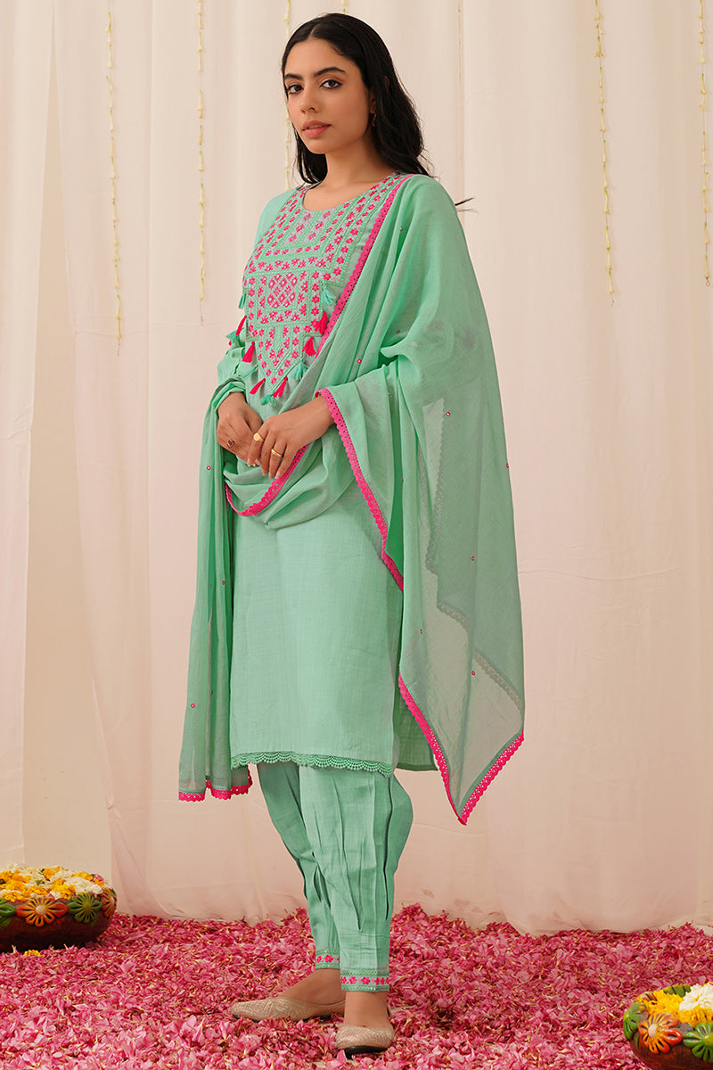 Women's Sea Green Viscose Rayon Solid Embroidered Straight Kurta Salwar With Dupatta - Ahika