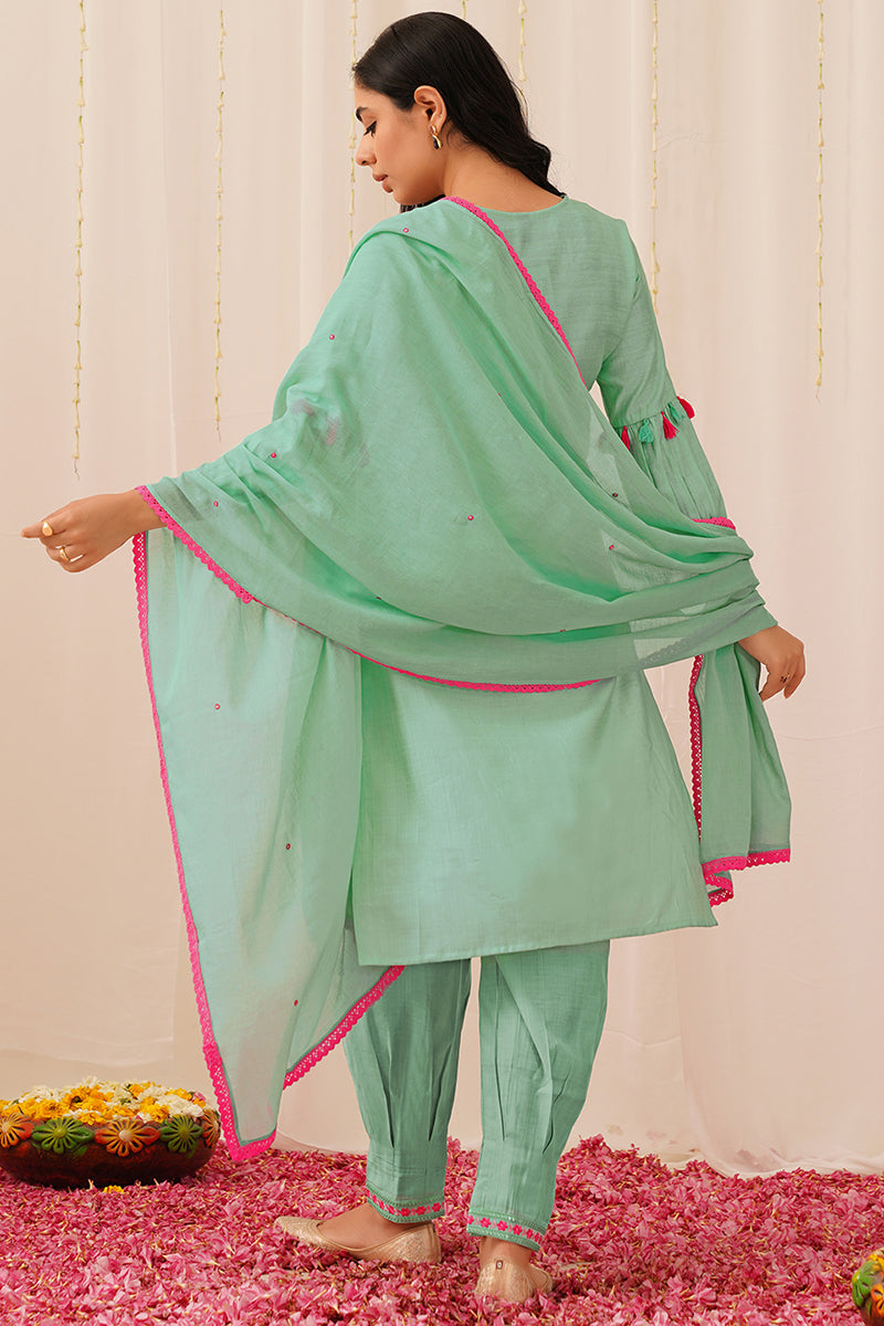 Women's Sea Green Viscose Rayon Solid Embroidered Straight Kurta Salwar With Dupatta - Ahika