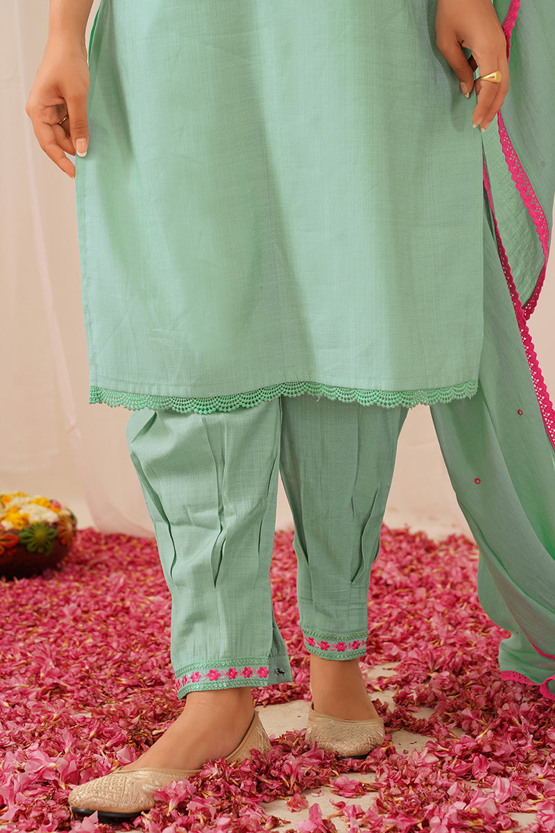 Women's Sea Green Viscose Rayon Solid Embroidered Straight Kurta Salwar With Dupatta - Ahika