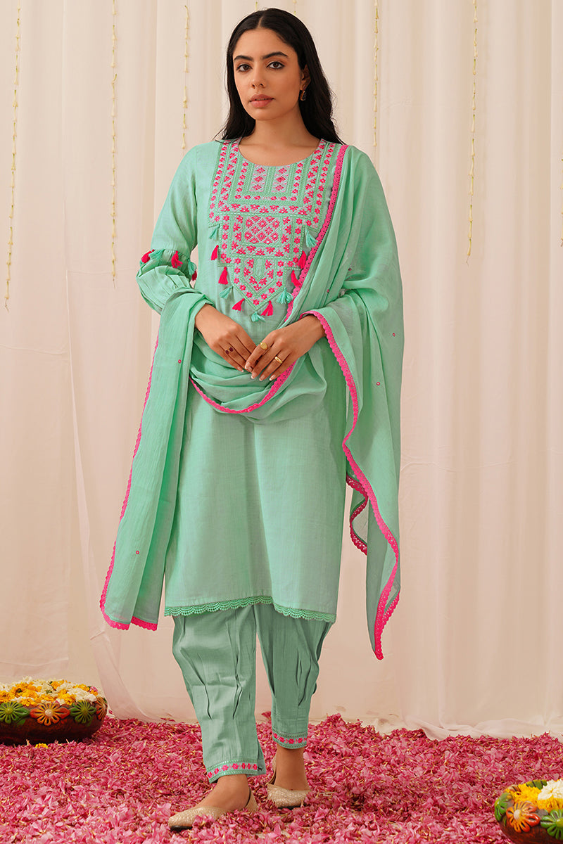 Women's Sea Green Viscose Rayon Solid Embroidered Straight Kurta Salwar With Dupatta - Ahika