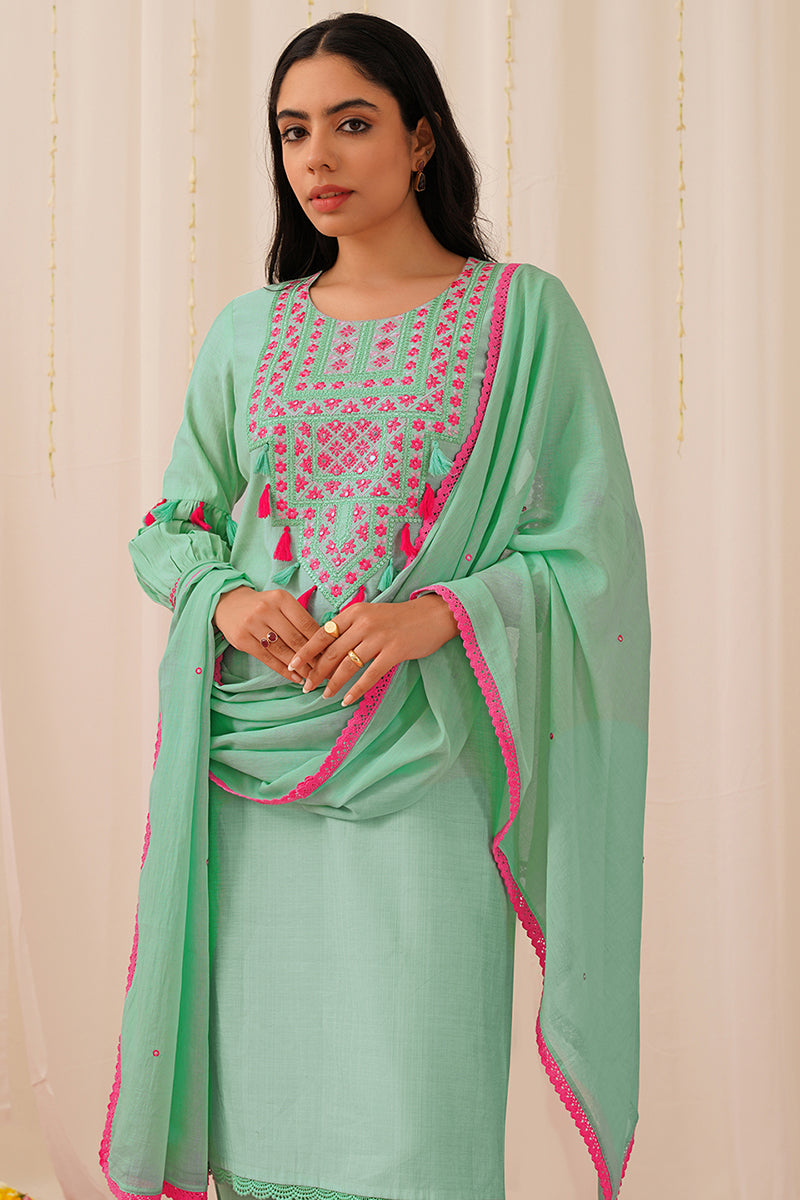 Women's Sea Green Viscose Rayon Solid Embroidered Straight Kurta Salwar With Dupatta - Ahika