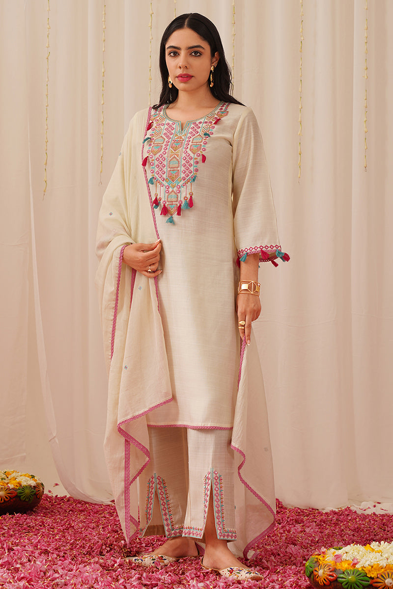 Women's Off White Viscose Rayon Solid Embroidered Straight Kurta Trouser With Dupatta - Ahika