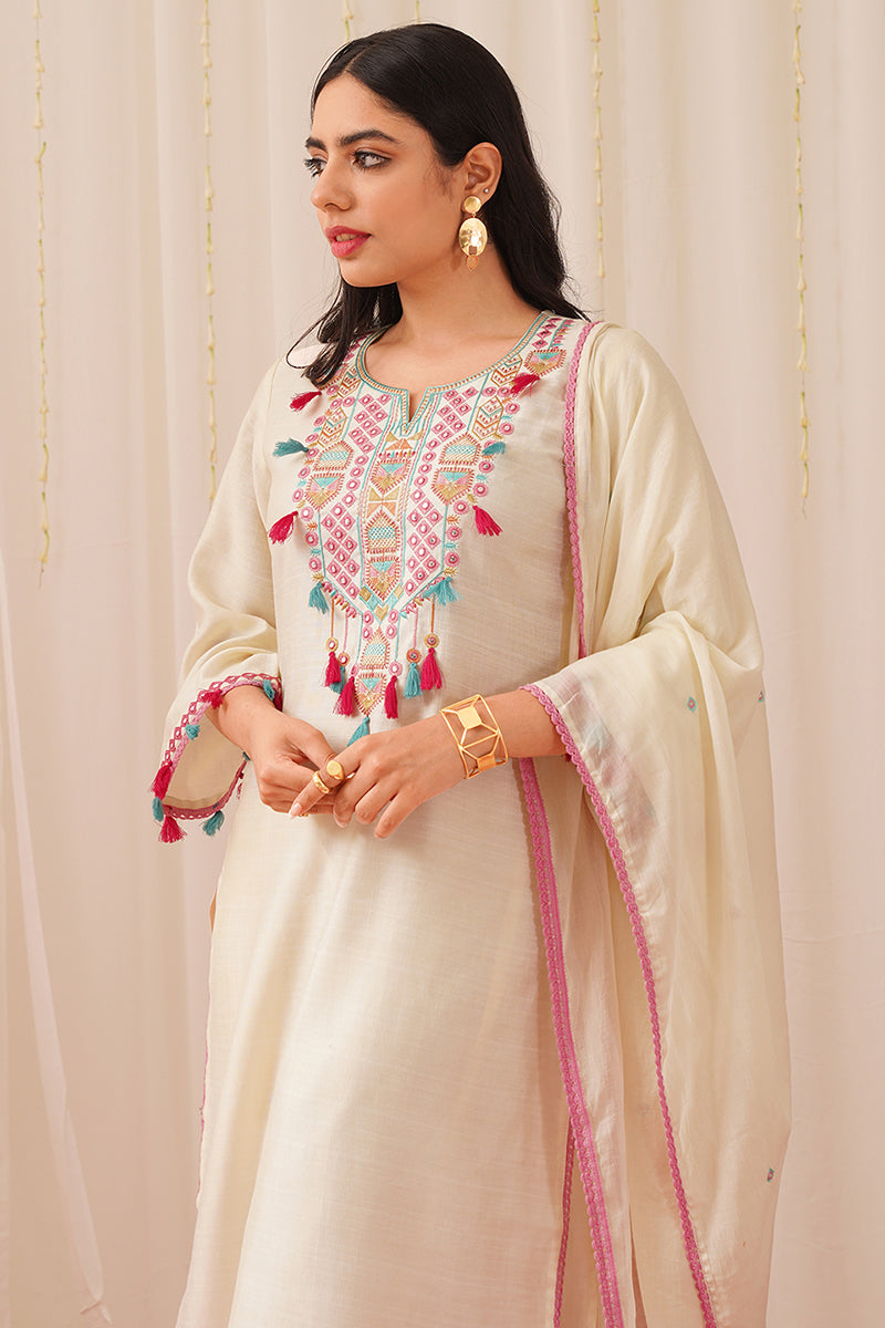 Women's Off White Viscose Rayon Solid Embroidered Straight Kurta Trouser With Dupatta - Ahika