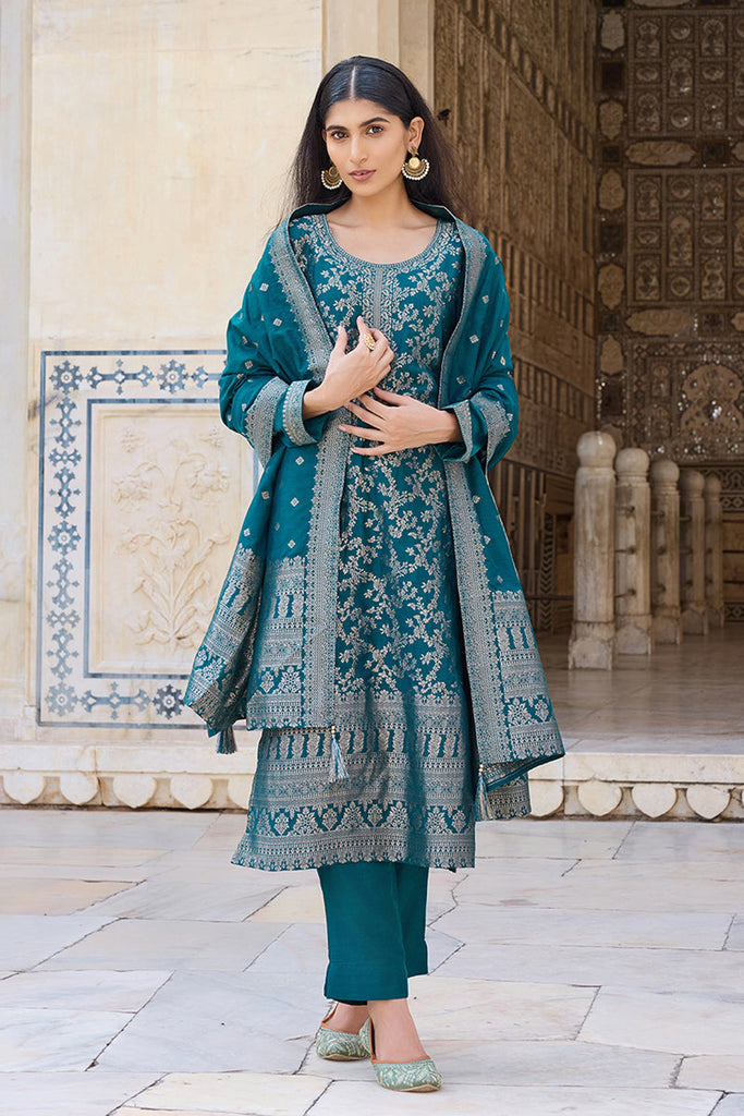 Women's Teal Poly Chanderi Solid Woven Design Straight Kurta Trouser With Dupatta