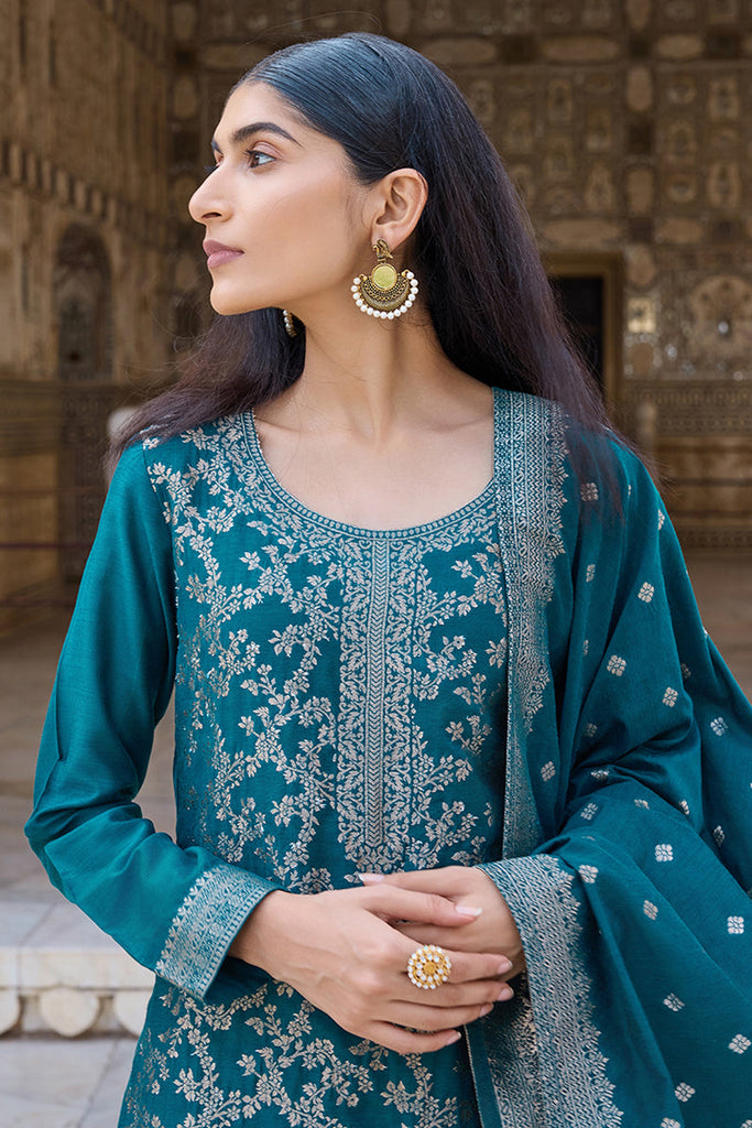 Women's Teal Poly Chanderi Solid Woven Design Straight Kurta Trouser With Dupatta