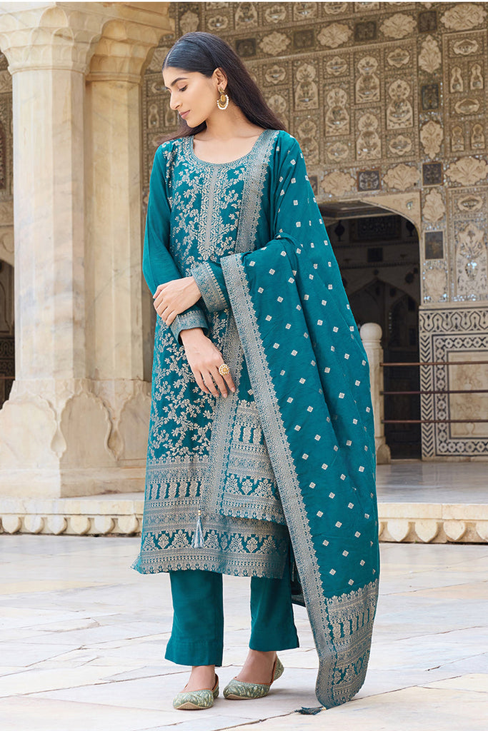 Women's Teal Poly Chanderi Solid Woven Design Straight Kurta Trouser With Dupatta