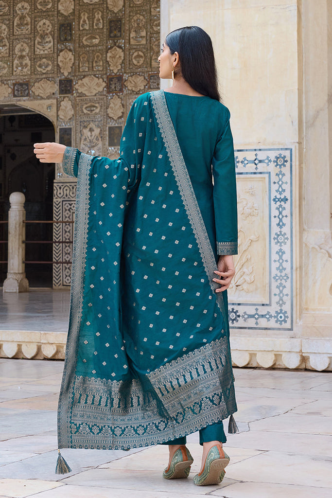 Women's Teal Poly Chanderi Solid Woven Design Straight Kurta Trouser With Dupatta