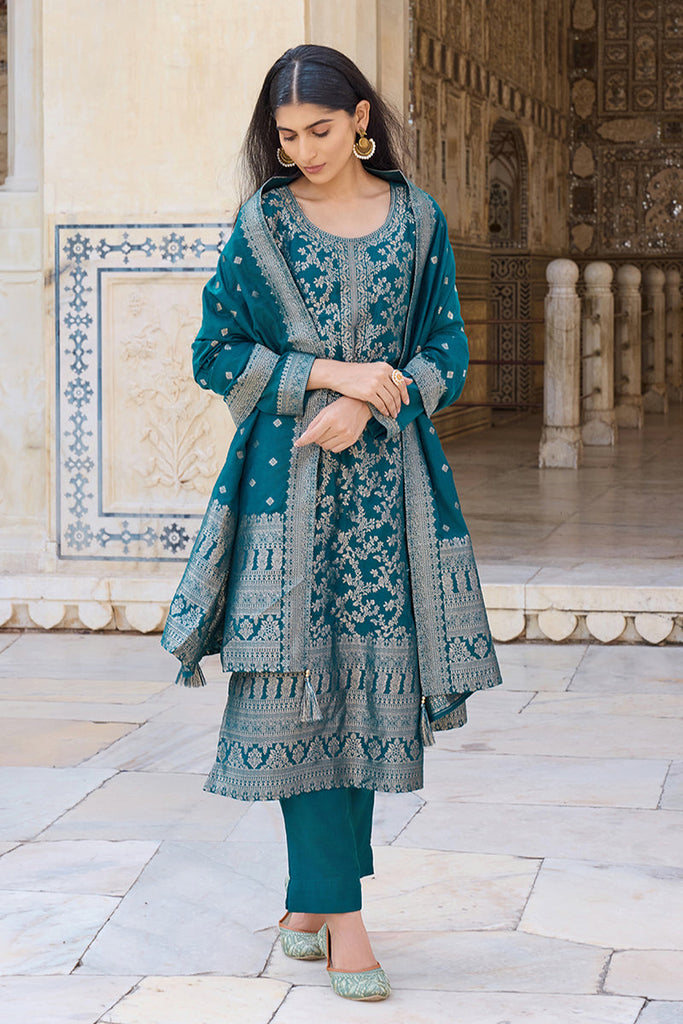 Women's Teal Poly Chanderi Solid Woven Design Straight Kurta Trouser With Dupatta