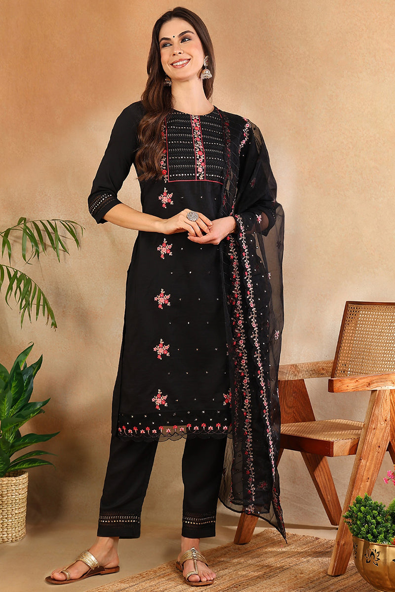 Women's Black Silk Blend Solid Embroidered Straight Kurta Trouser With Dupatta - Ahika