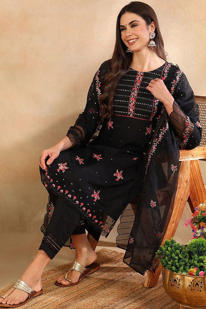 Women's Black Silk Blend Solid Embroidered Straight Kurta Trouser With Dupatta