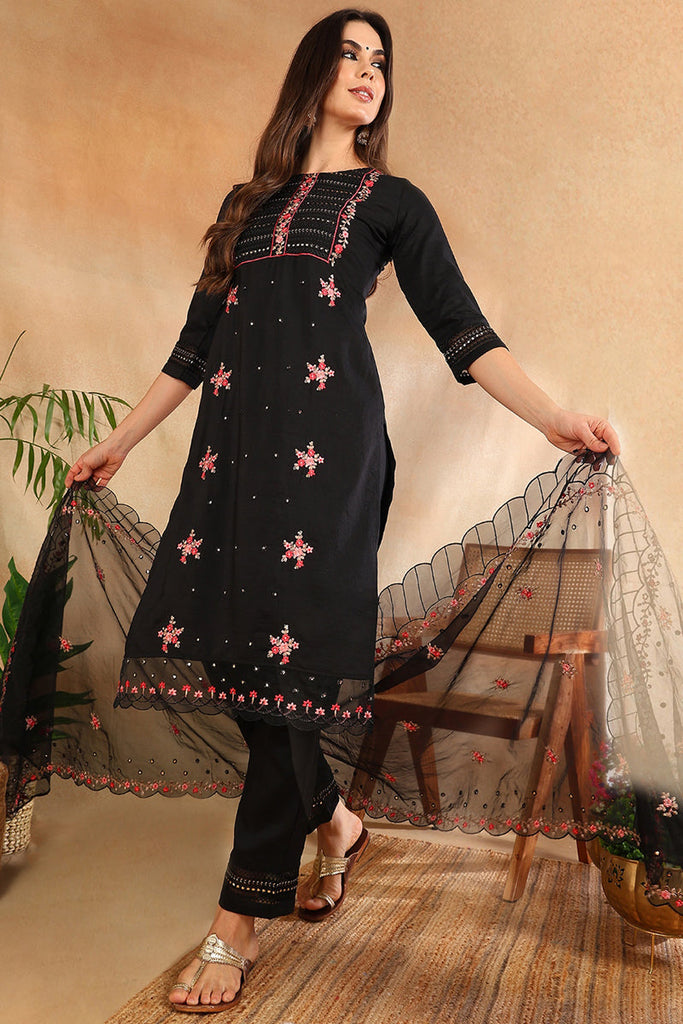 Women's Black Silk Blend Solid Embroidered Straight Kurta Trouser With Dupatta