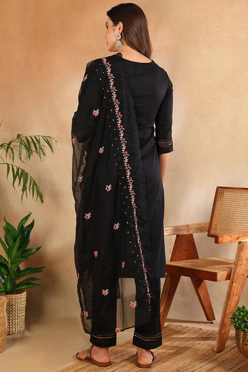 Women's Black Silk Blend Solid Embroidered Straight Kurta Trouser With Dupatta - Ahika