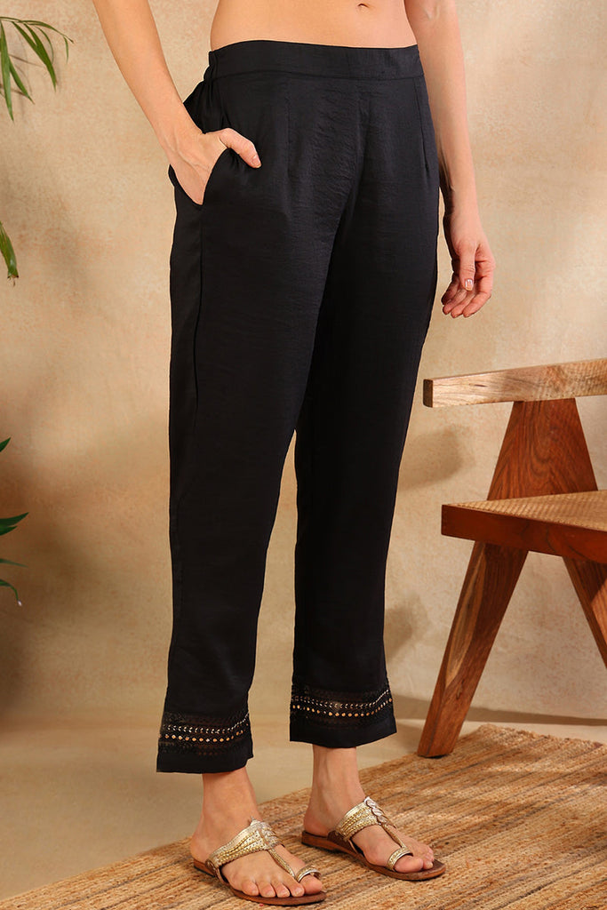 Women's Black Silk Blend Solid Embroidered Straight Kurta Trouser With Dupatta
