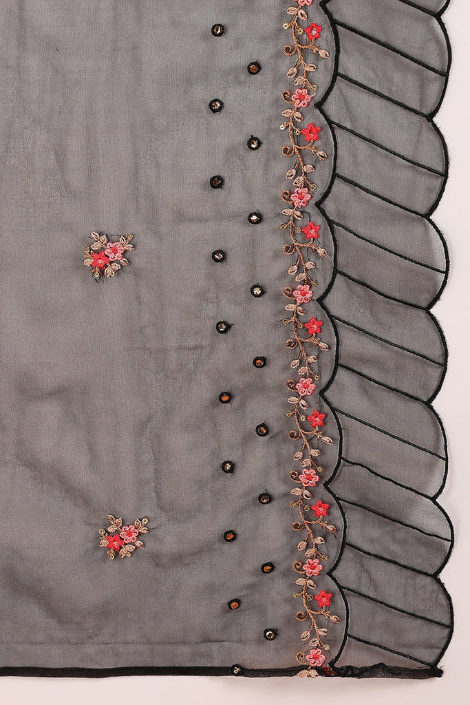 Women's Black Silk Blend Solid Embroidered Straight Kurta Trouser With Dupatta