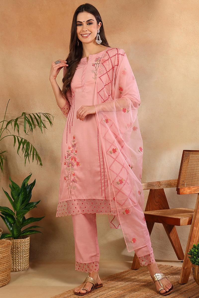 Women's Pink Silk Blend Solid Embroidered Straight Kurta Trouser With Dupatta - Ahika